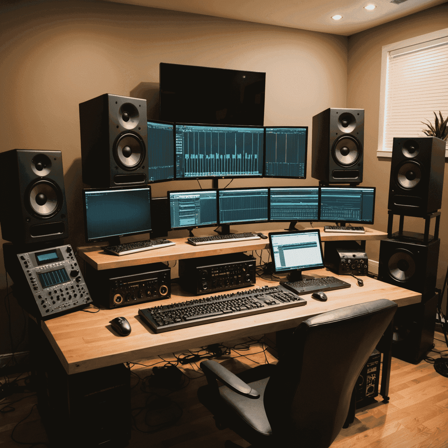 A studio setup with a computer running FL Studio, surrounded by MIDI controllers, studio monitors, and acoustic treatment. The image conveys a professional and inspiring music production environment.