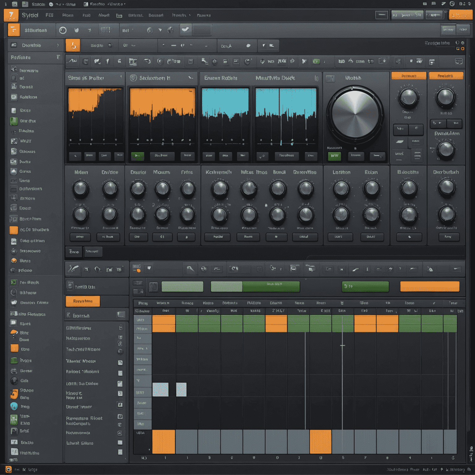 FL Studio interface showing the drum kit creation process, with various sample waveforms and a virtual drum pad layout